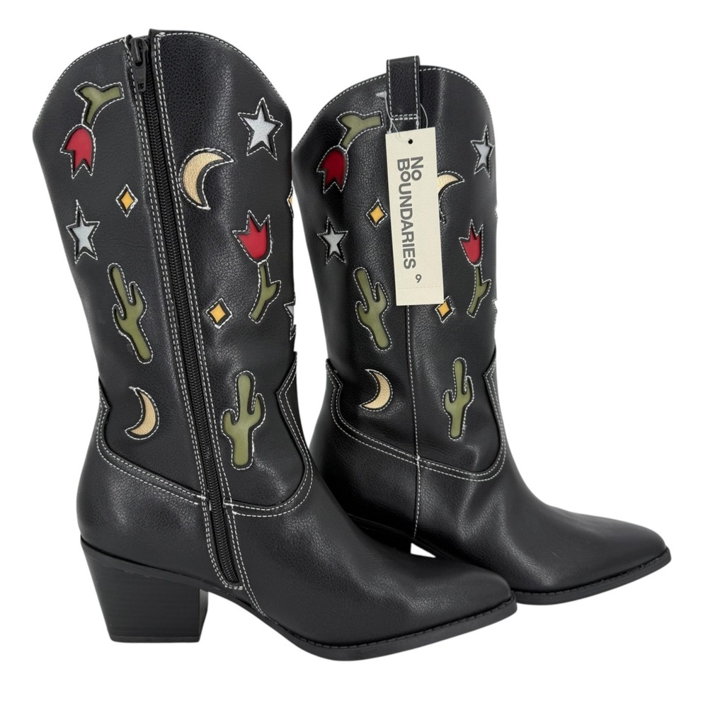 No Boundaries Women's Novelty Cowgirl Black Boots 9 Cactus Moon/Star Flower NWOT - Picture 4 of 13